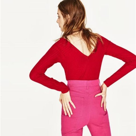 ZARA Red V-Neck Ribbed T-Shirt Long Sleeves - Picture 4 of 9